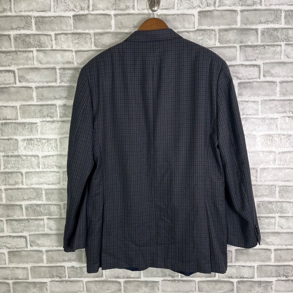 Michael Kors Navy Blue & Charcoal Gingham Check Blazer Suit Jacket Mens 44L Poly - Picture 3 of 10